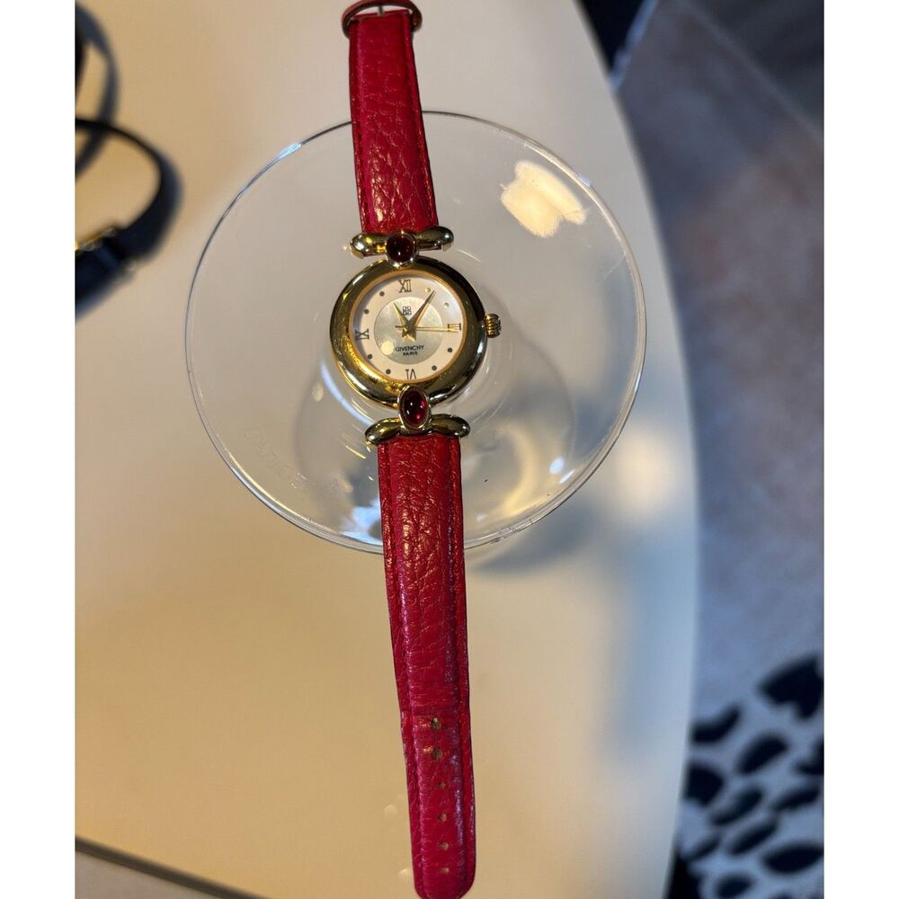 Vintage Givenchy Gold Tone Casing with Ruby Colored Gemstones Accent Watch - Picture 4 of 8
